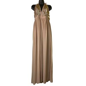 Fashion Nova XL Halter Maxi Dress With Sequin Top &‎ Flowing Skirt In Nude Beige